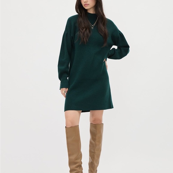RW&Co Puffy Long Sleeve Mock Neck Mini Dress Green Medium - Picture 2 of 6